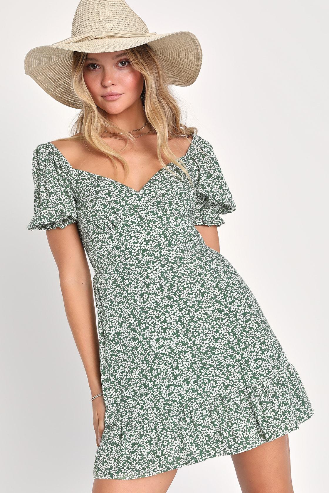 Grateful Feelings Sage Green Floral Print Puff Sleeve Mini Dress Product Image