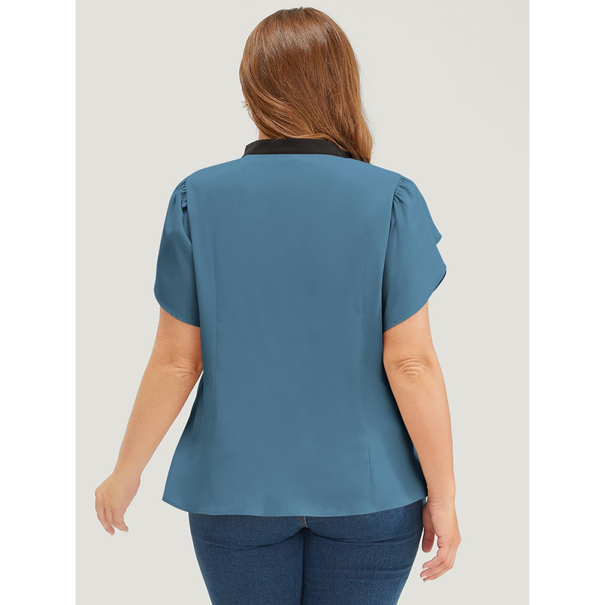Plus Size Cerulean Plain Contrast Trim Split Petal Sleeve Blouse Women Office Short sleeve Stand-up collar Dailywear Blouses BloomChic 30/6X Product Image