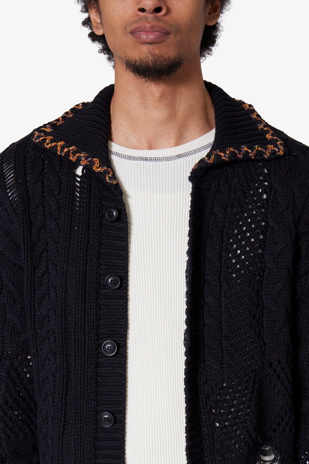 Chunky Distressed Cardigan Sweater - Black Product Image