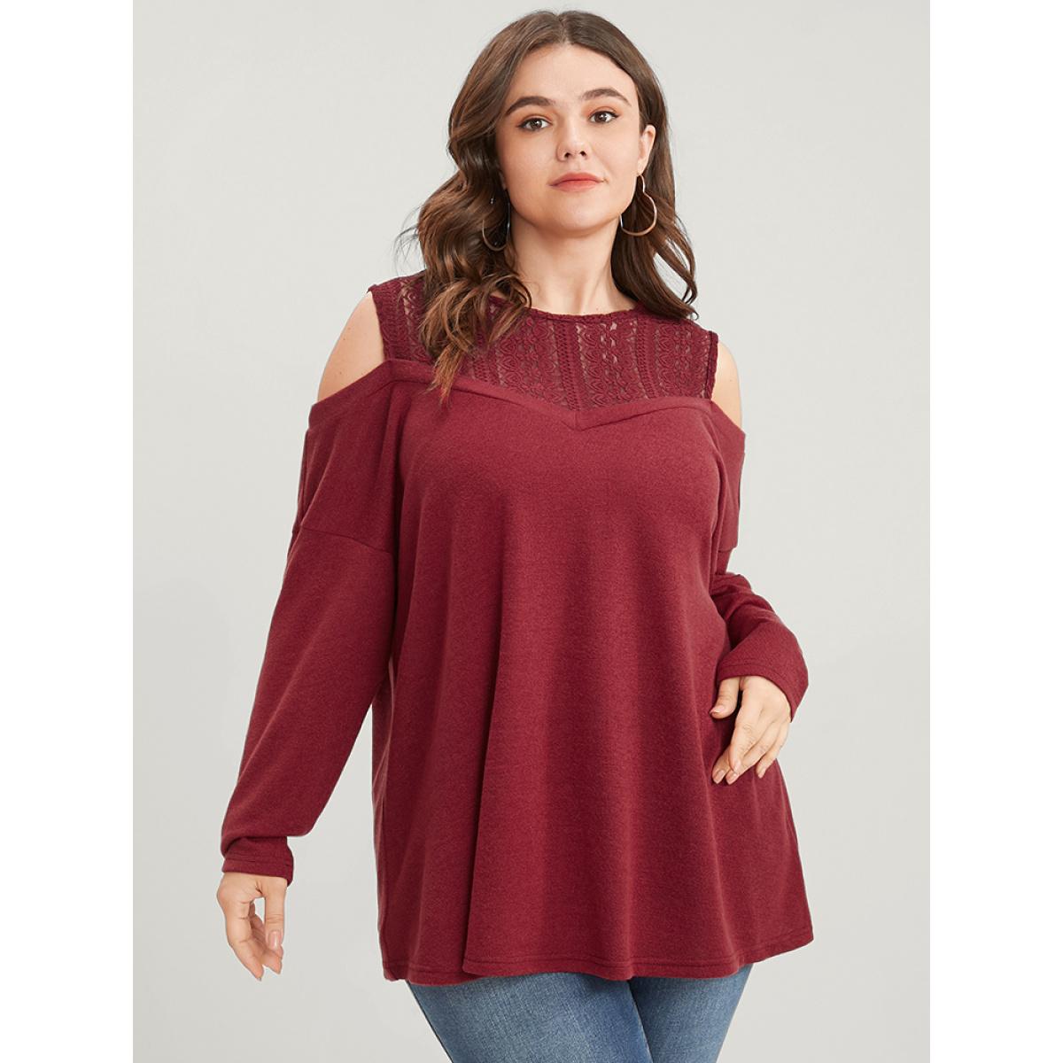 Plus Size Solid Lace Mesh Cold Shoulder Sweatshirt Women Burgundy Elegant See through Round Neck Dailywear Sweatshirts BloomChic 10/M Product Image