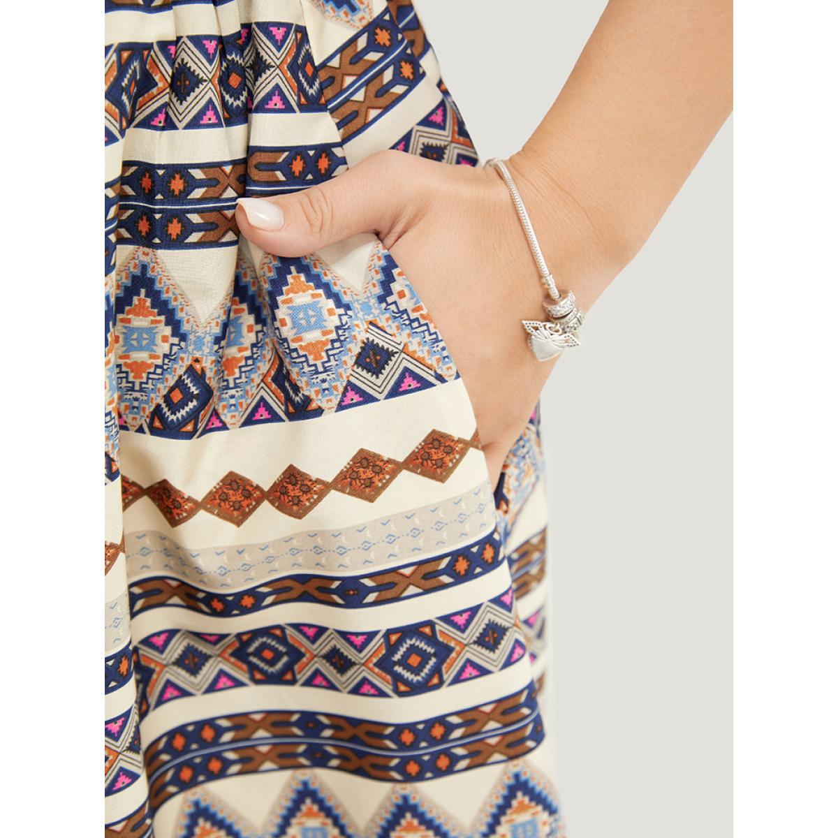 Plus Size Bandana Print Pocket Ruffle Keyhole Knee Dress Multicolor Women Vacation Keyhole V-neck Short sleeve Curvy Knee Dress BloomChic 28/5X Product Image