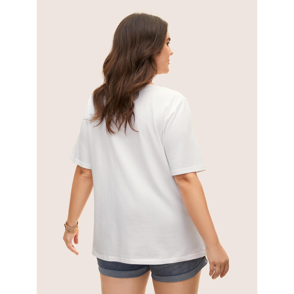 Plus Size Cotton Vacation Tropical Print Round Neck T-shirt Originalwhite Women Resort Contrast Tropical Round Neck Vacation T-shirts BloomChic 12/L Product Image