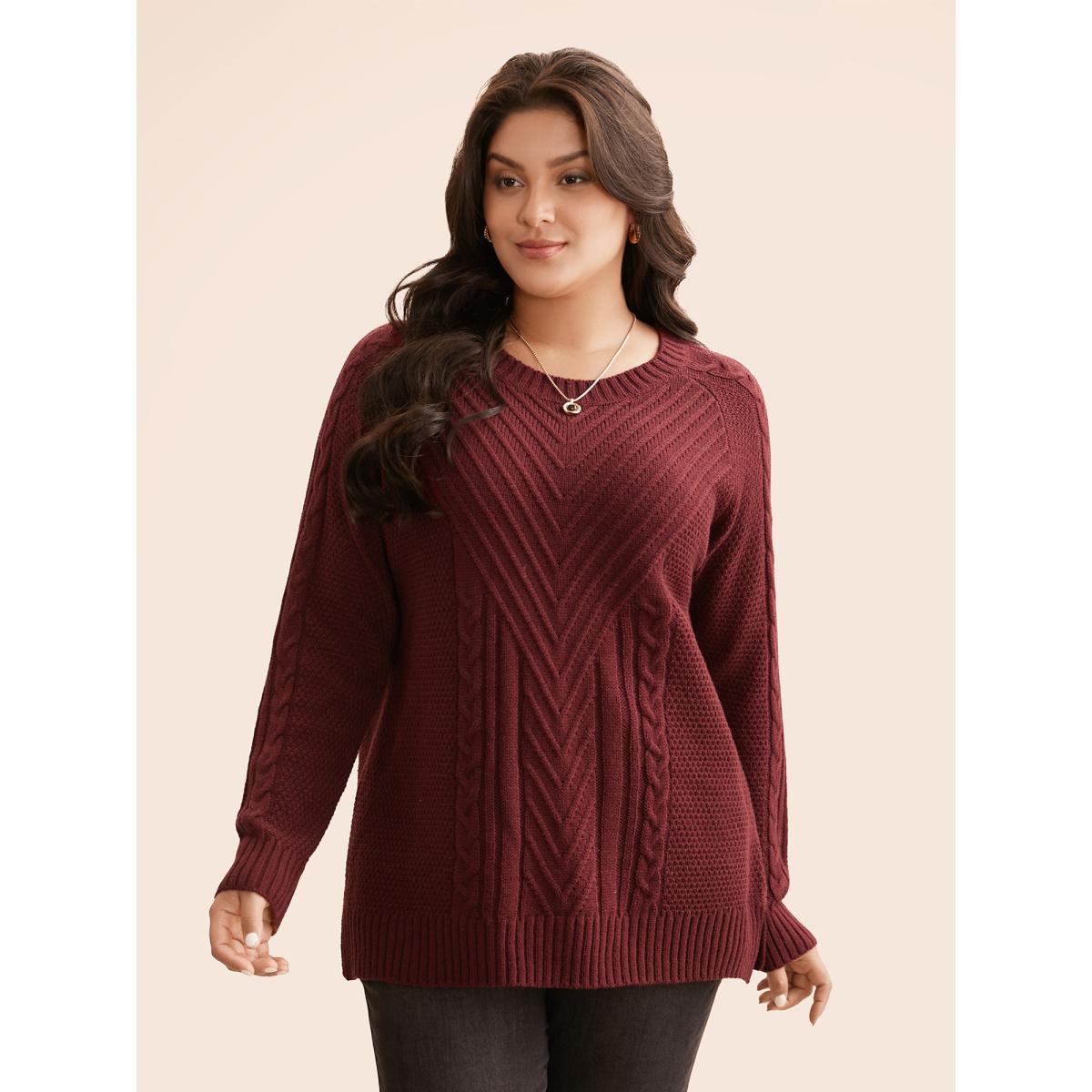 Plus Size Texture Cable Knit Raglan Sleeve Pullover Scarlet Women Casual Loose Long Sleeve Round Neck Everyday Pullovers BloomChic 12/L Product Image
