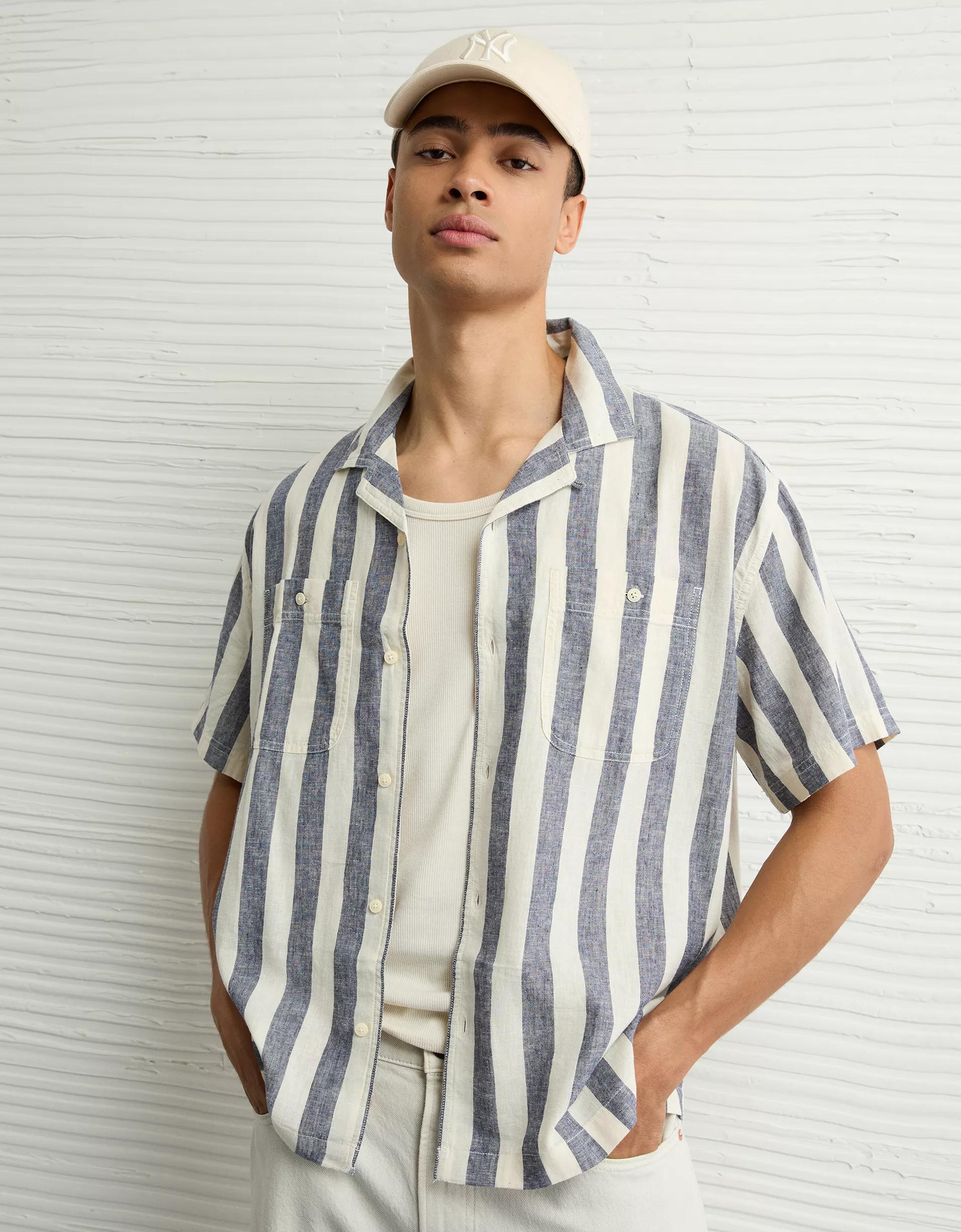AE Poolside Linen-Blend Striped Button-Up Shirt Product Image