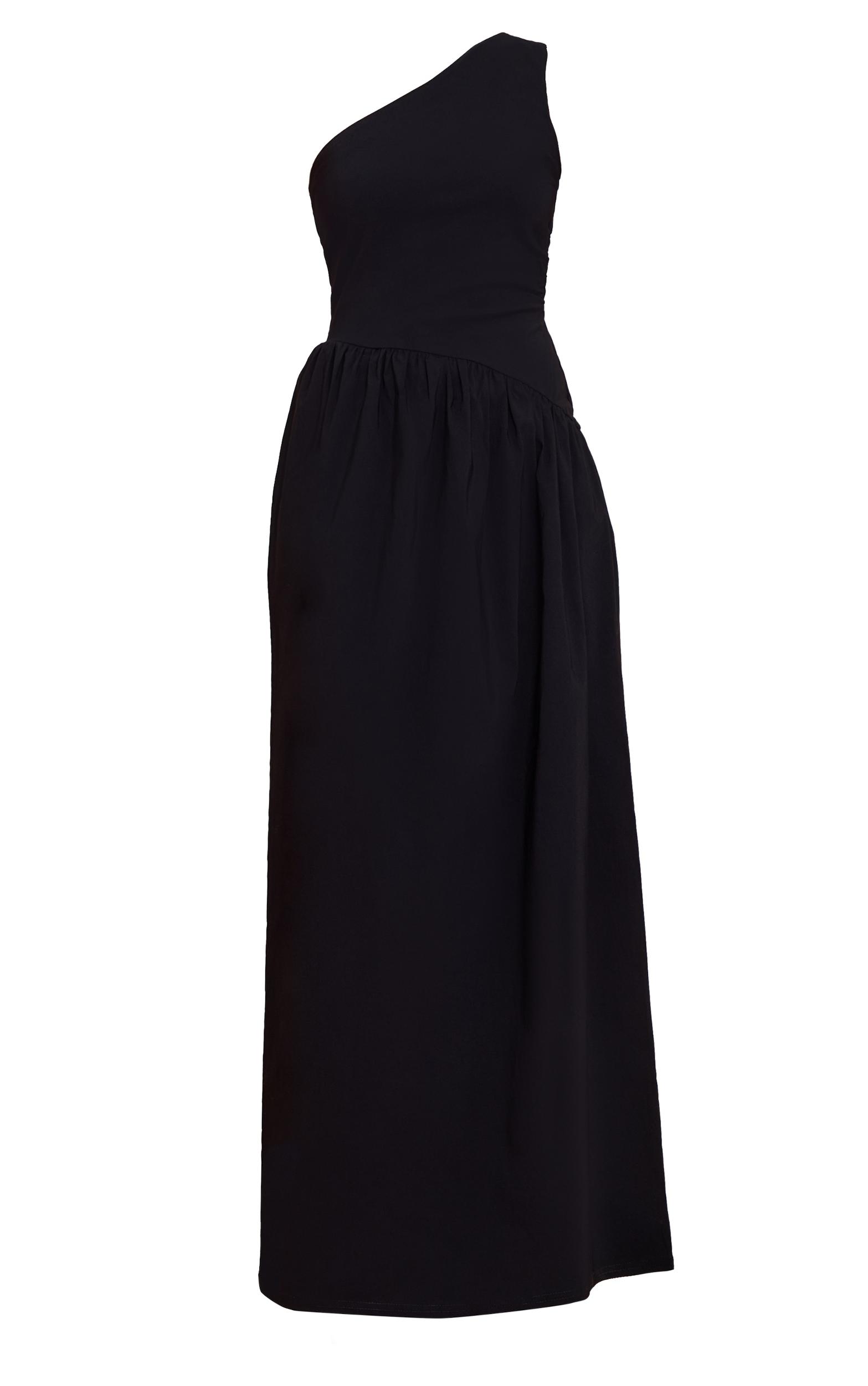 Black Stretch Woven One Shoulder Maxi Dress Product Image