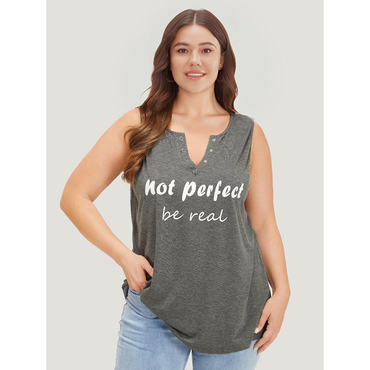 Plus Size Letter Print Button Notched Tank Top Women DarkGray Casual Printed Dailywear Tank Tops Camis BloomChic 14-16/1X Product Image