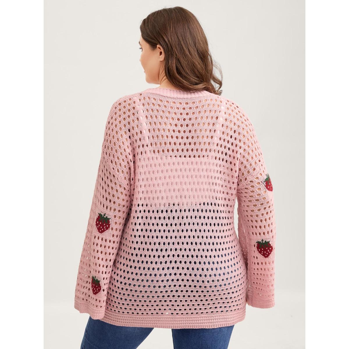 Plus Size Strawberry Jacquard Embroidery Tie Knit Cardigan Nudepink Women Playful Loose Long Sleeve Casual Cardigans BloomChic 30/6X Product Image