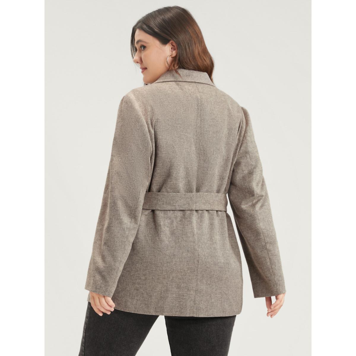 Plus Size Solid Button Suit Collar Belted Flap Pocket Blazer LightGray Women Work Plain Sleeve Long Sleeve Suit Collar 14-16/1X Pocket Belt Office Blazers BloomChic Product Image