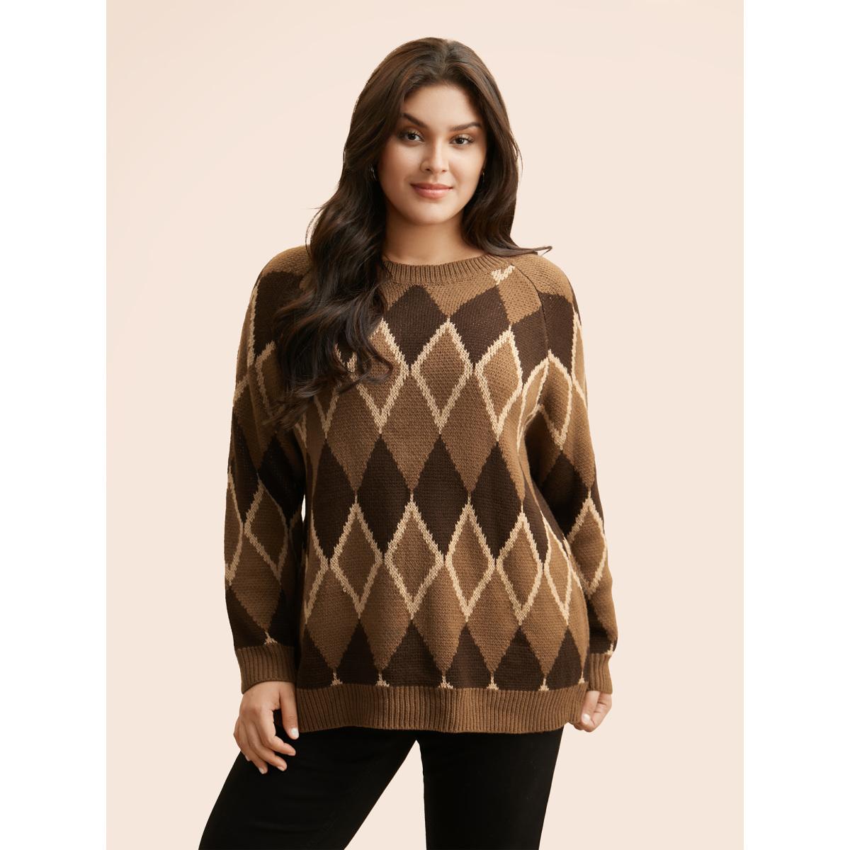 Plus Size Plaid Crew Neck Raglan Sleeve Cardigan Browncoffeecolor Women Leisure Loose Long Sleeve Round Neck Casual Pullovers BloomChic 18-20/2X Product Image