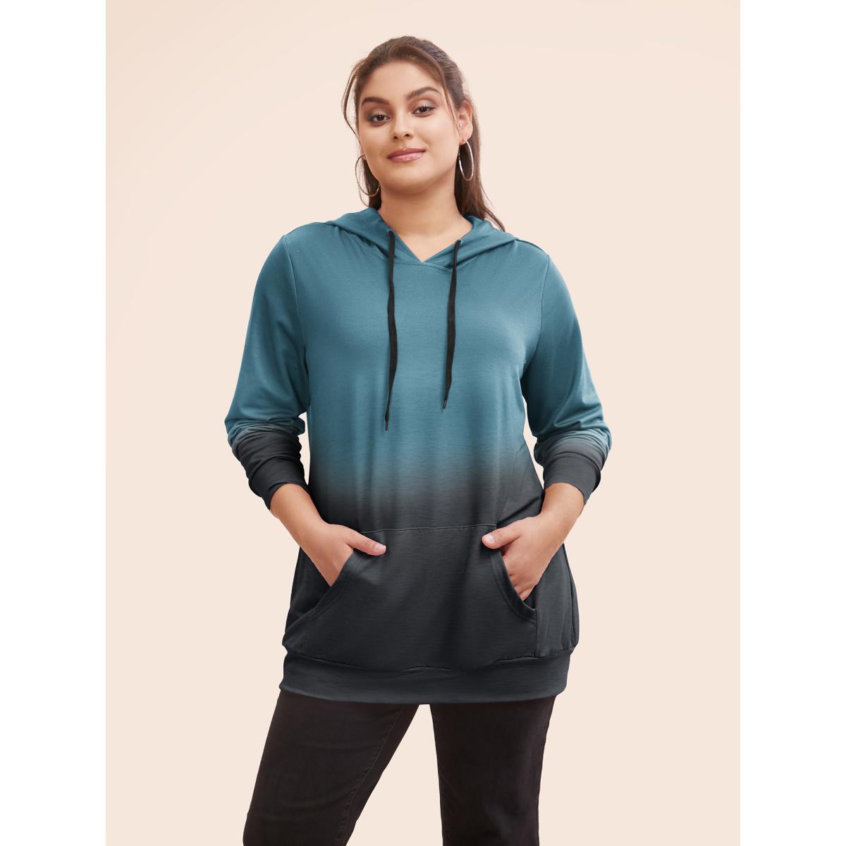 Plus Size Ombre Pocket Drawstring Hooded Sweatshirt Women Teal Casual Elastic cuffs Hooded Everyday Sweatshirts BloomChic 14-16/1X Product Image