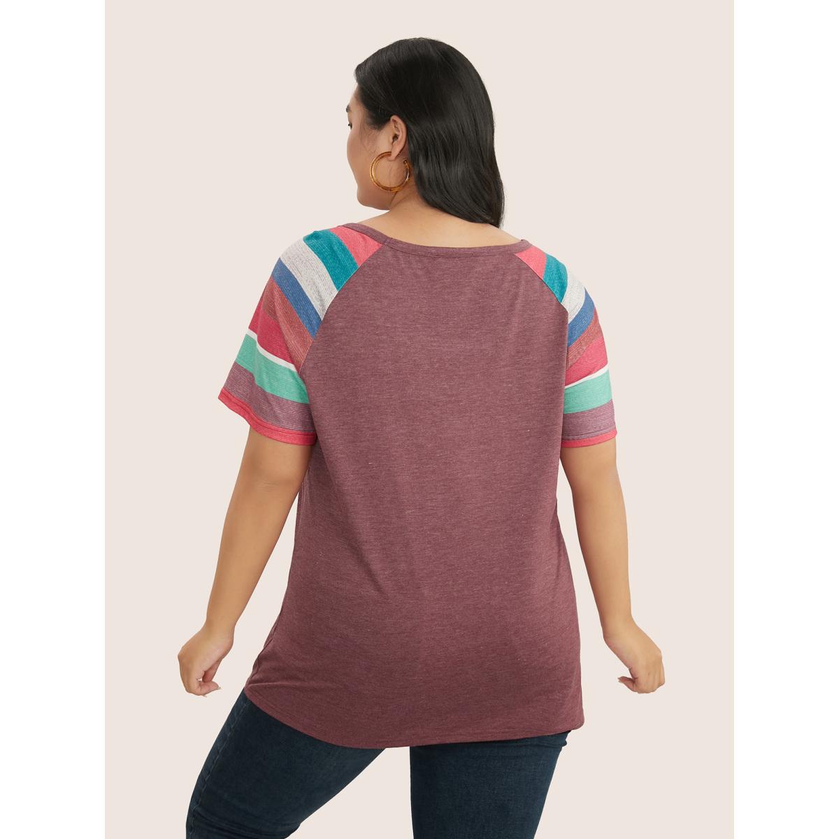 Plus Size Striped Contrast Raglan Sleeve Round Neck T-shirt Russet Women Resort Striped Round Neck Vacation T-shirts BloomChic 30/6X Product Image