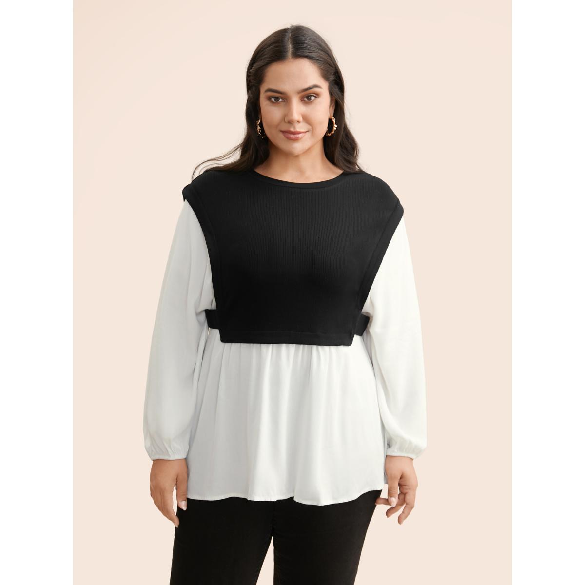 Plus Size Multicolor Round Neck Patchwork Contrast Gathered Blouse Women Casual Long Sleeve Round Neck Everyday Blouses BloomChic 22-24/3X Product Image