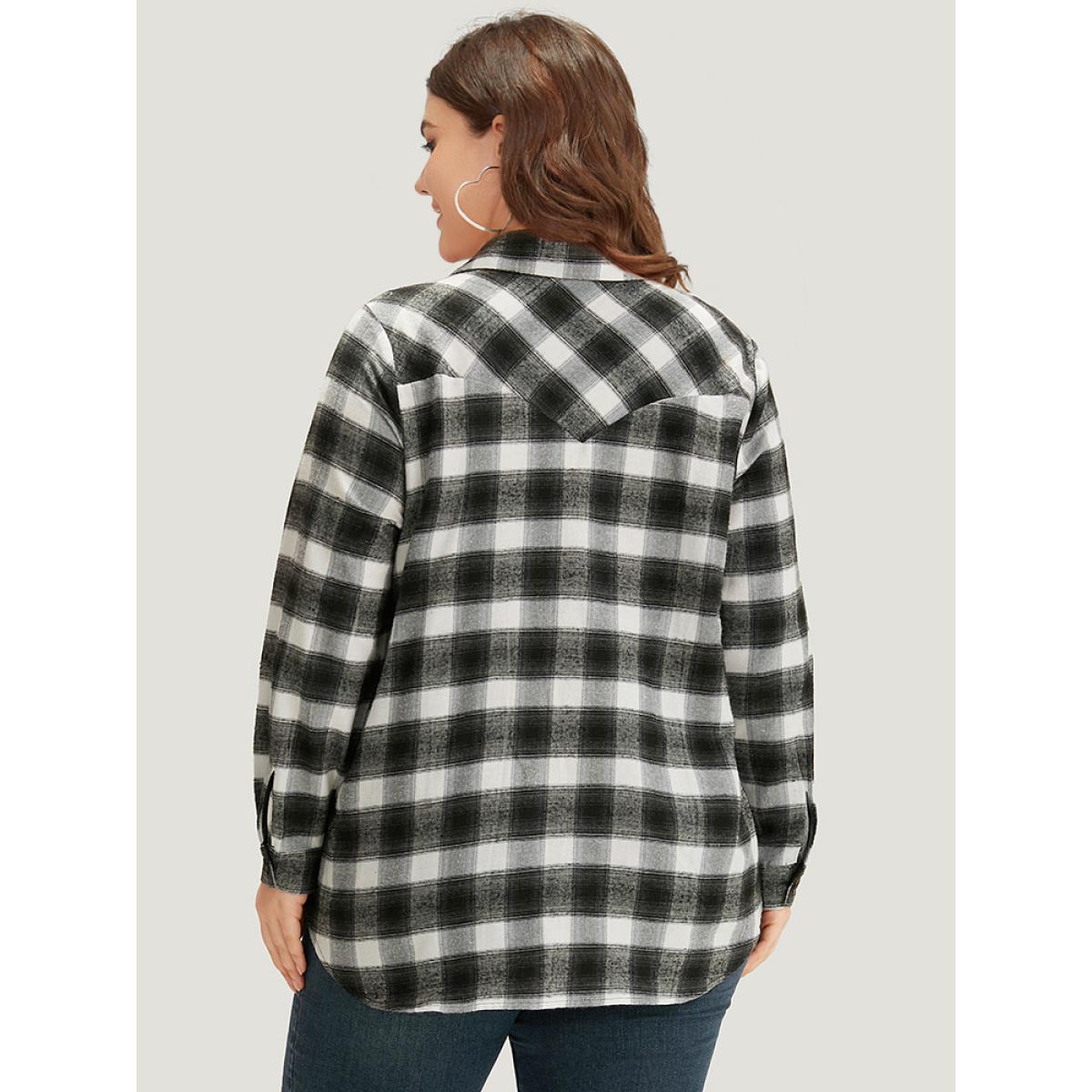 Plus Size Plaid Arc Hem Pocket Button Through Shirt Collar Coat Women Black Casual Arc Hem Ladies Dailywear Winter Coats BloomChic 14-16/1X Product Image