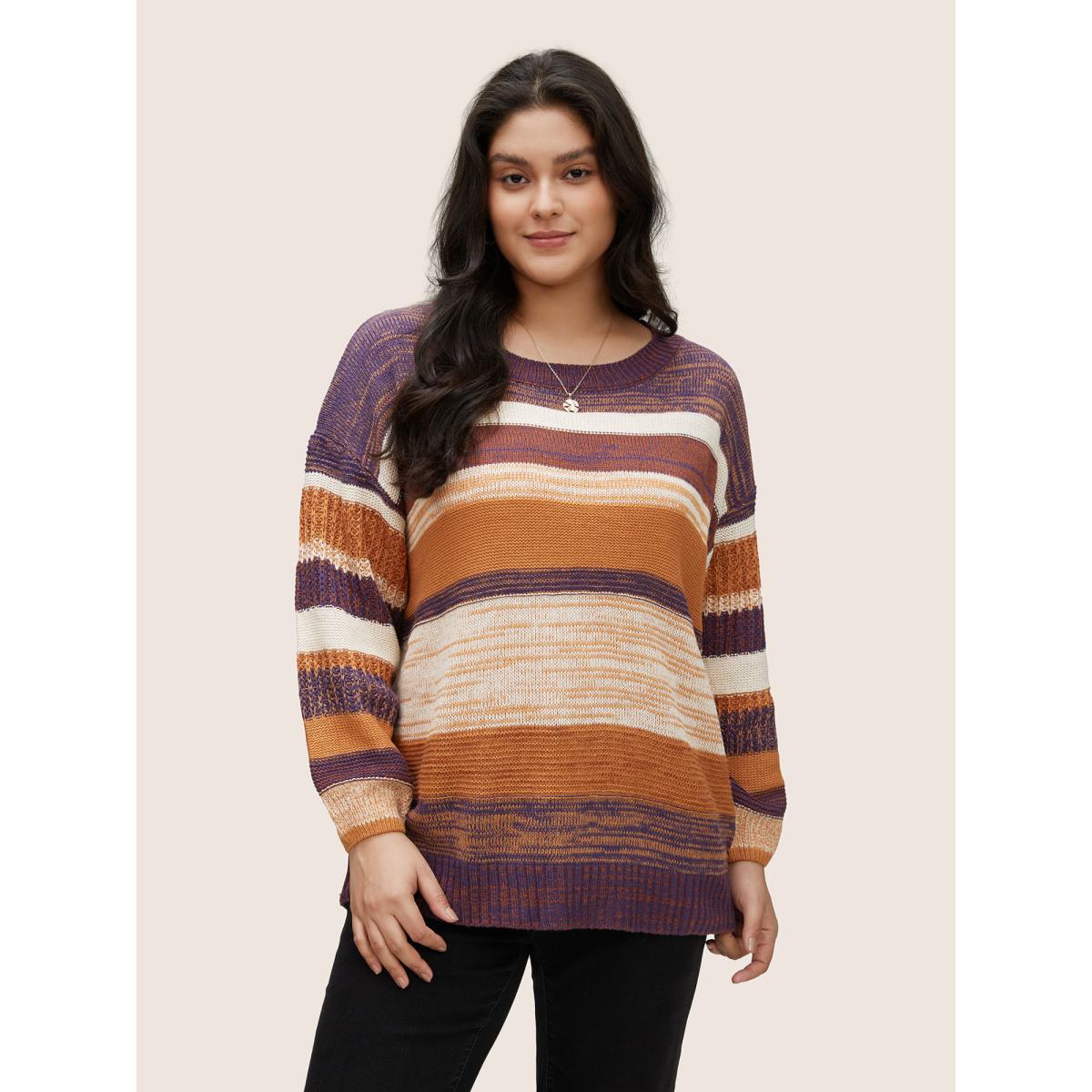 Plus Size Colorblock Heather Drop Shoulder Loose Pullover Multicolor Women Casual Loose Long Sleeve Round Neck Dailywear Pullovers BloomChic 28/5X Product Image