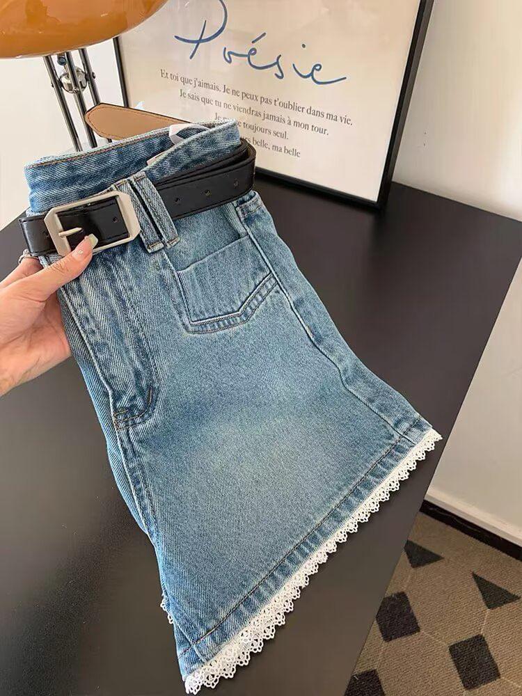 High Waist Washed Lace Trim Denim Shorts Product Image