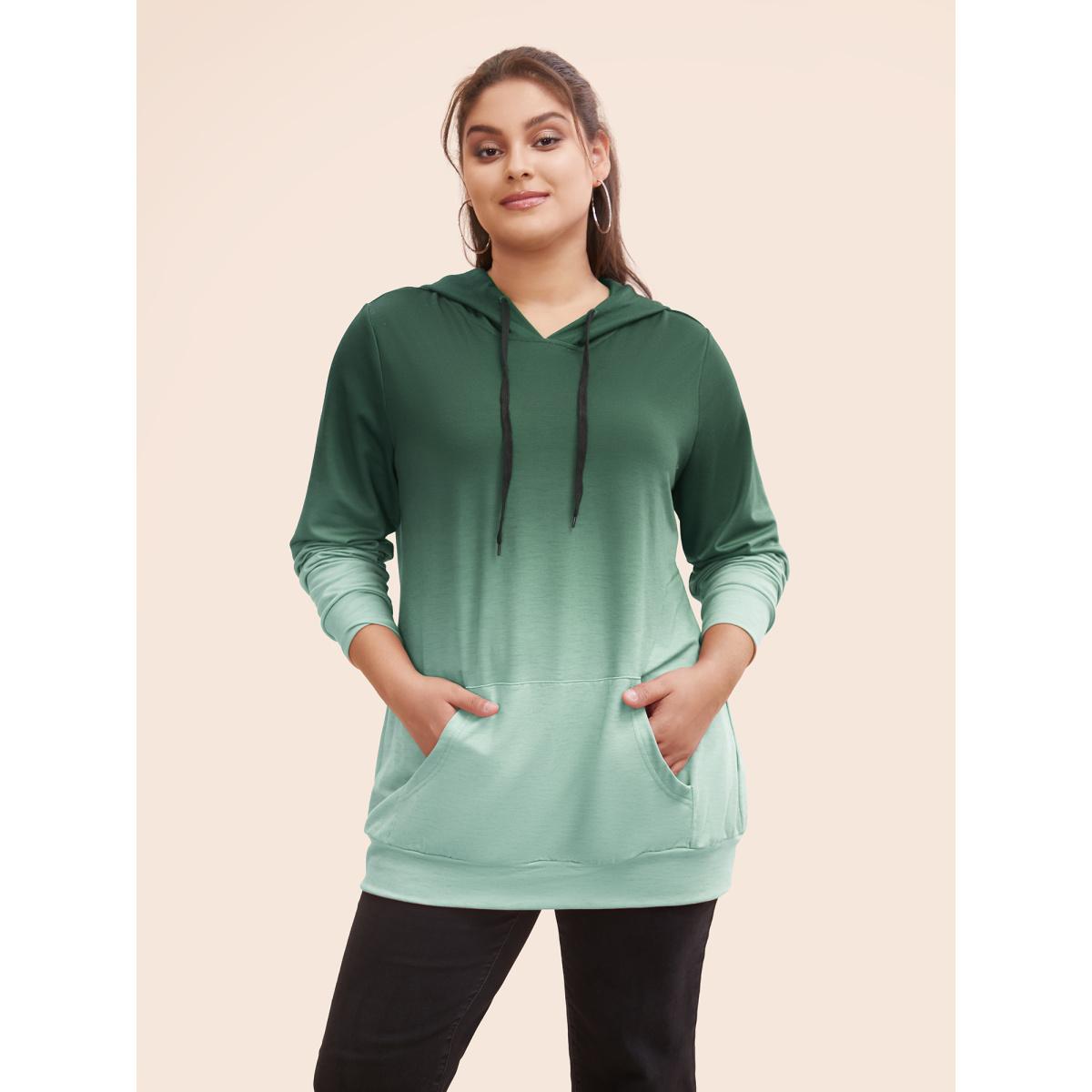 Plus Size Ombre Pocket Drawstring Hooded Sweatshirt Women Green Leisure Elastic cuffs Hooded Casual Sweatshirts BloomChic 22-24/3X Product Image
