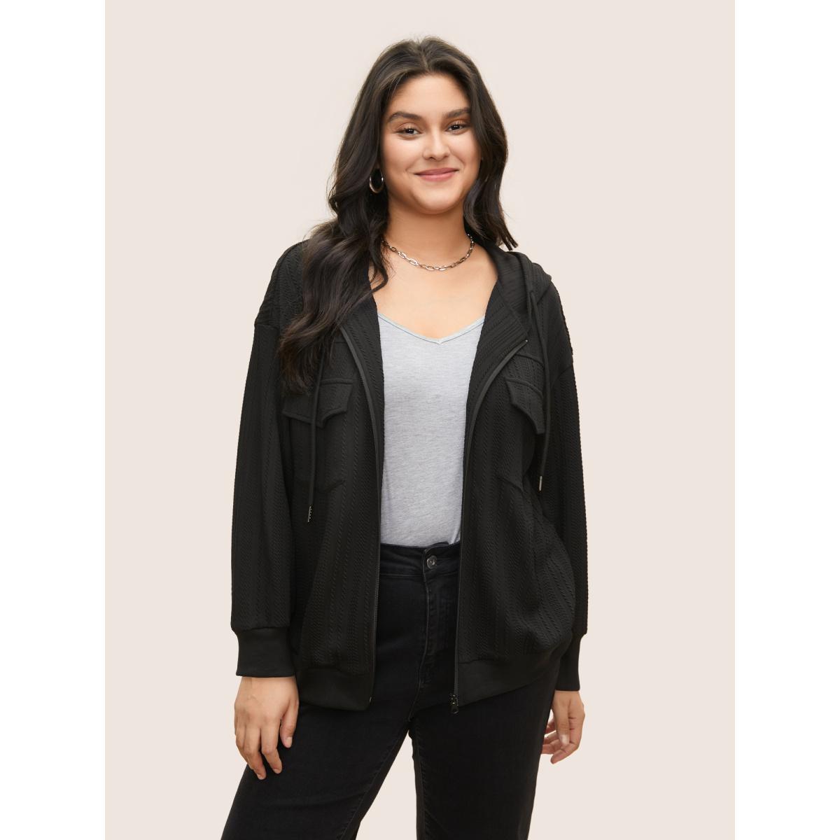 Plus Size Plisse Drawstring Hooded Flap Pocket Front Jacket Women Black Non Patch pocket Everyday Jackets BloomChic 28/5X Product Image