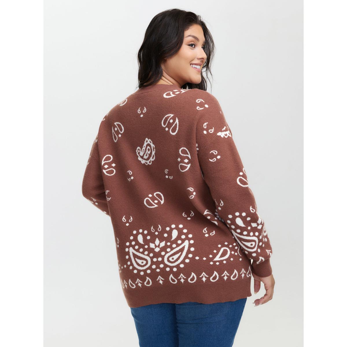 Plus Size Paisley Print Round Neck Pullover Rust Women Playful Loose Long Sleeve Round Neck Casual Pullovers BloomChic 18-20/2X Product Image