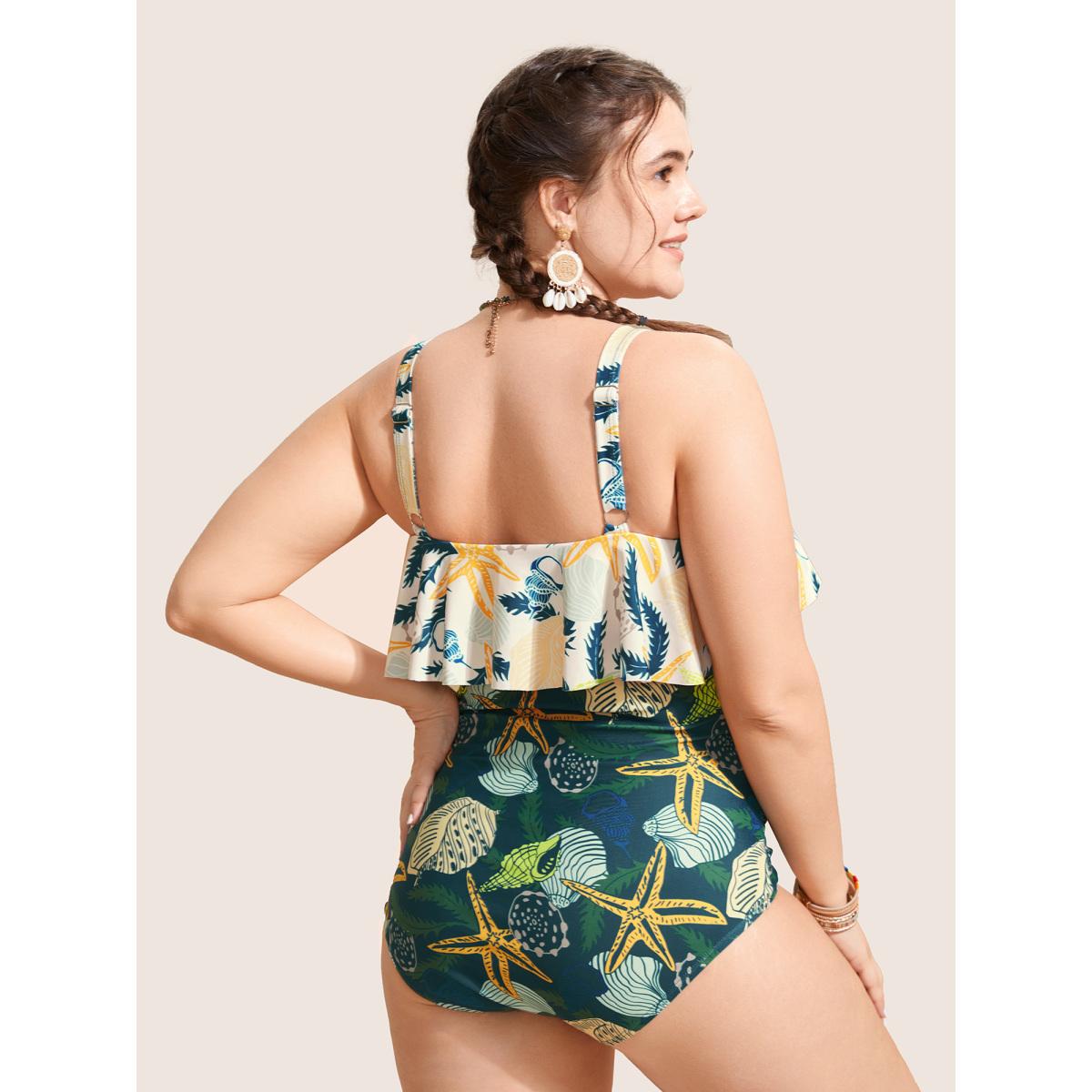 Plus Size Marine Elements Tiered Ruffles One Piece Swimsuit Women's Swimwear Beige Beach Gathered Curve Bathing Suits High stretch One Pieces BloomChic 18-20/2X Product Image