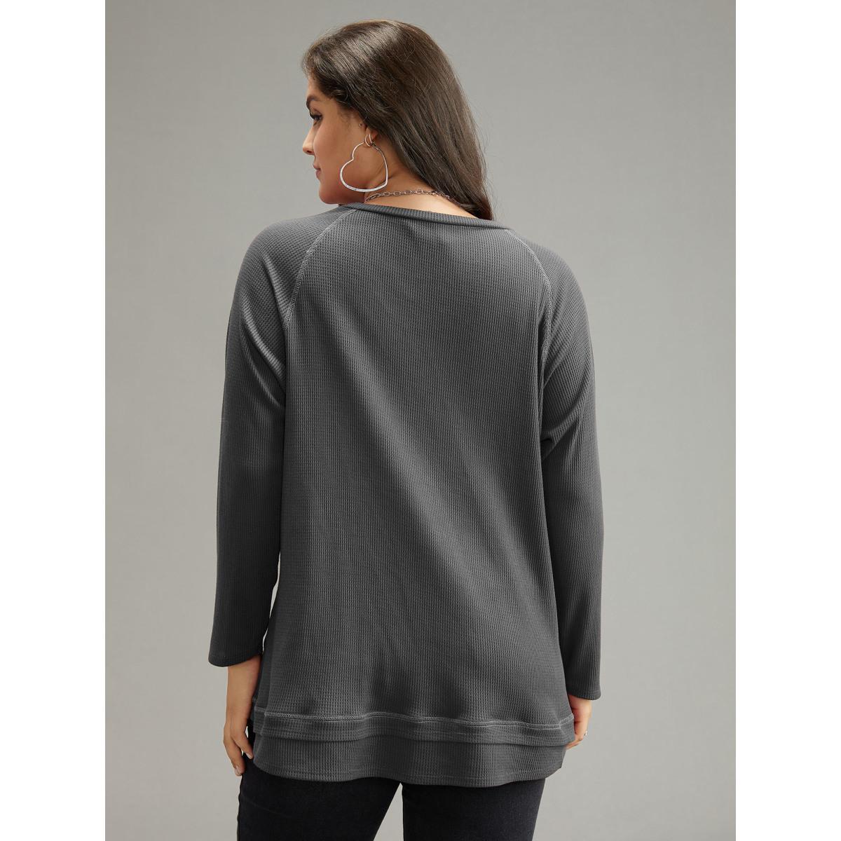 Plus Size Plain Textured Stitch Raglan Sleeve Sweatshirt Women DarkGray Casual Plain V-neck Everyday Sweatshirts BloomChic 10/M Product Image
