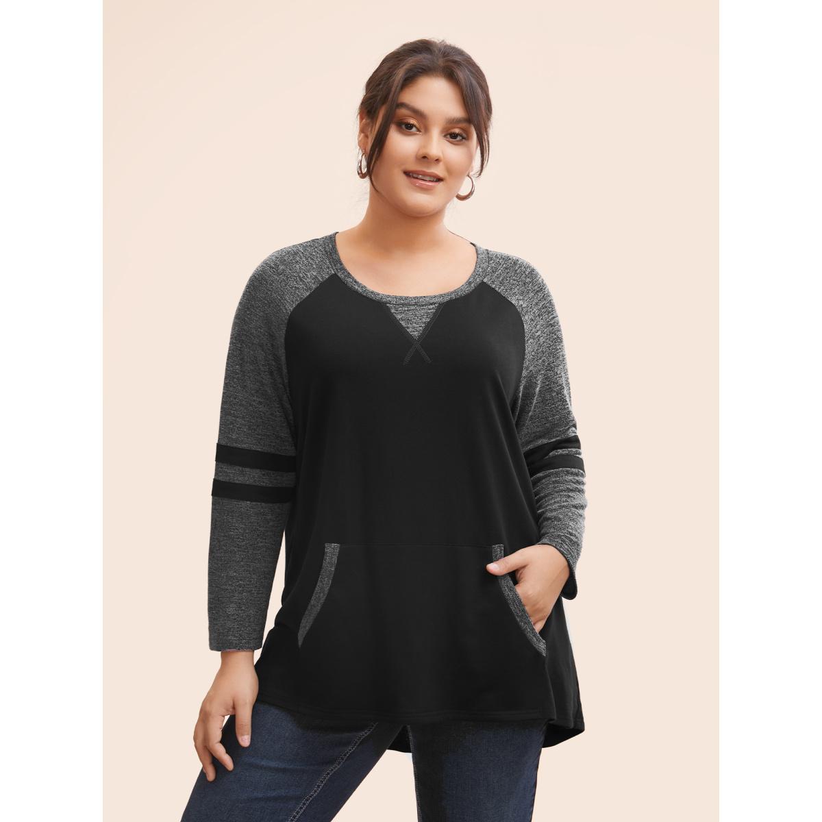 Plus Size Striped Contrast Pocket Raglan Sleeve High Low Hem Sweatshirt Women Emerald Casual Contrast Round Neck Everyday Sweatshirts BloomChic 30/6X Product Image