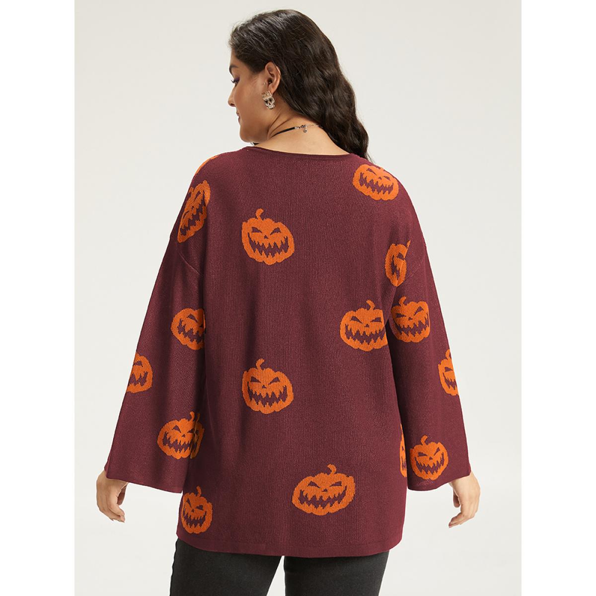 Plus Size Halloween V Neck Bell Sleeve Pullover Burgundy Women Playful Loose Long Sleeve V-neck Casual Pullovers BloomChic 10/M Product Image