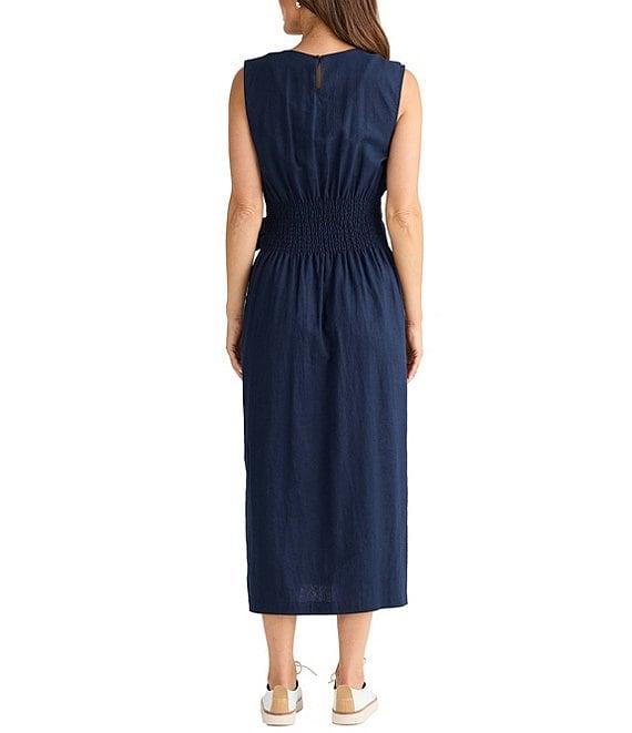 Brave + True Linen Blend Sleeveless Tie Front Smocked Back Midi Dress Product Image