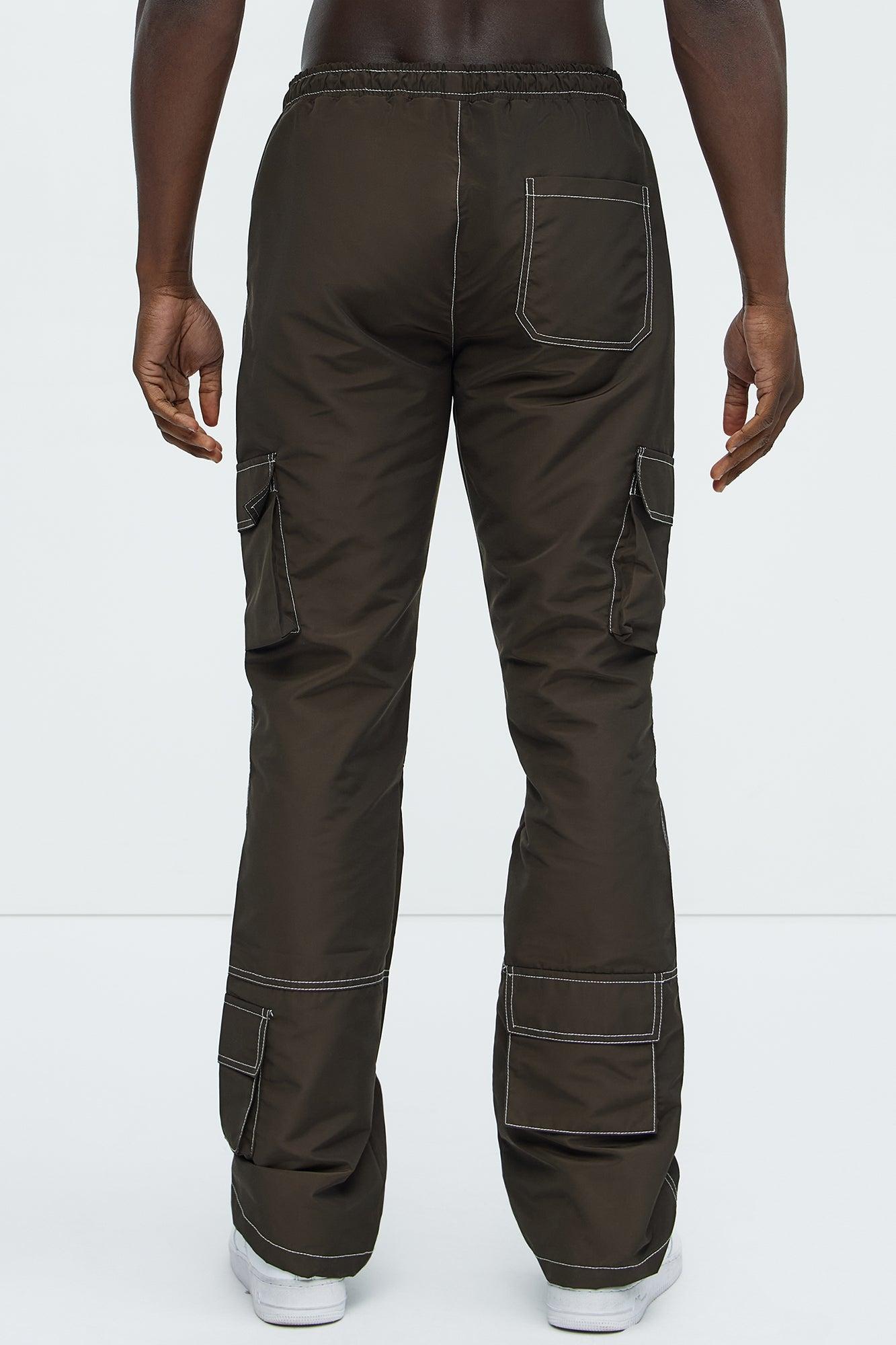 Contrast Stitch Nylon Flared Cargo Pants - Brown Product Image