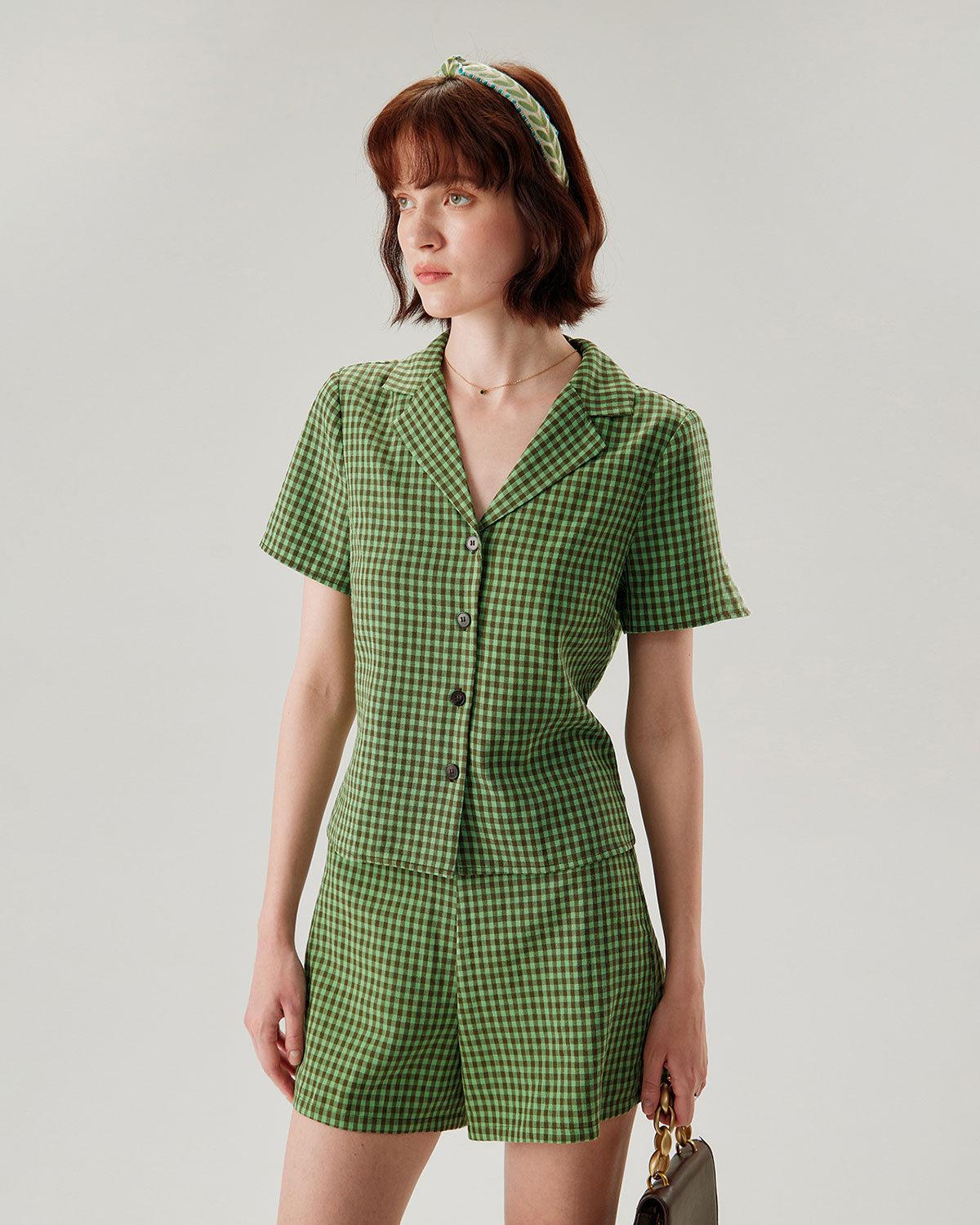 Green High Waisted Plaid Shorts Product Image