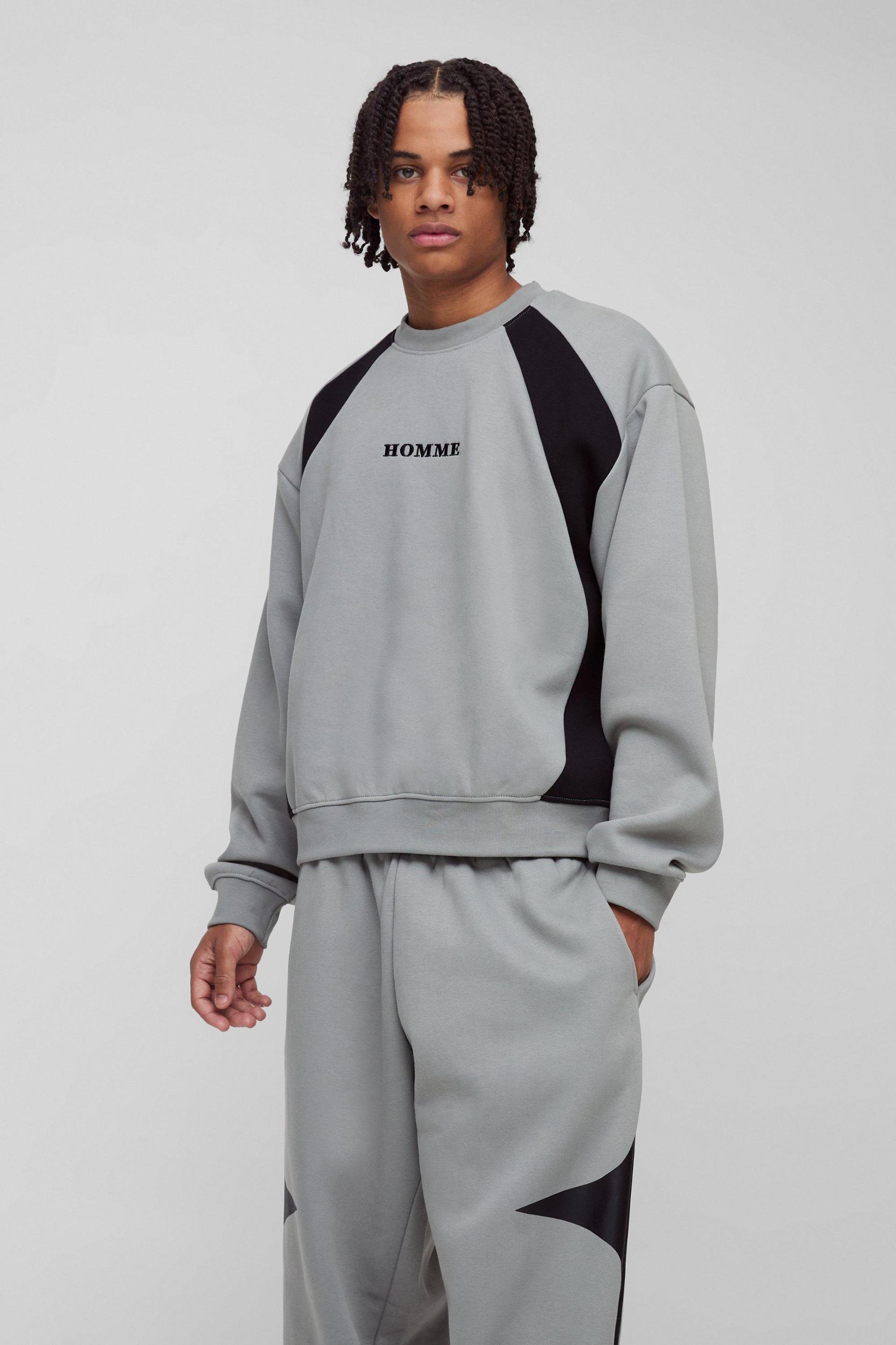 Oversized Boxy Colour Block Homme Embroidered Sweatshirt tracksuit | boohooMAN USA Product Image