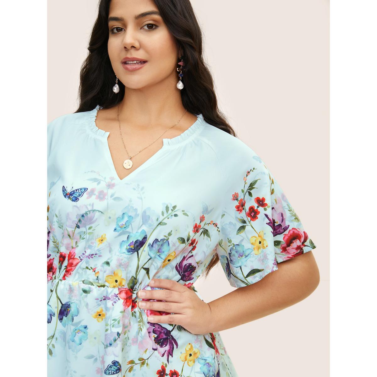 Plus Size Skyblue Floral Flat Collar With V Notch Frill Trim Blouse Women Elegant Short sleeve Flat collar with V-notch Everyday Blouses BloomChic 28/5X Product Image