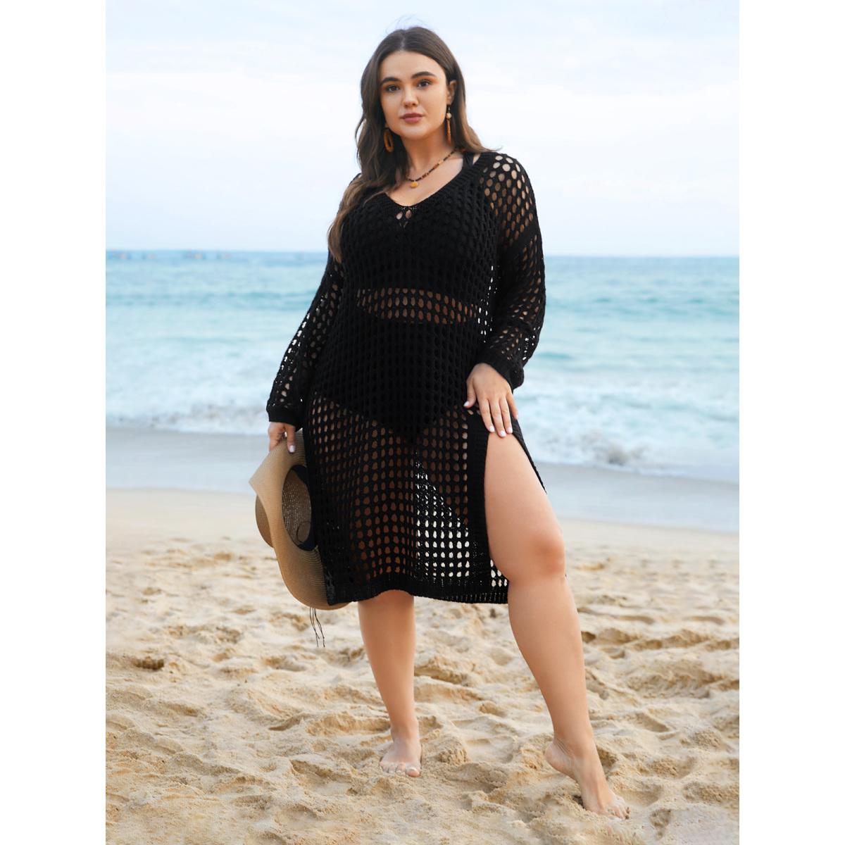 Plus Size Cut-Out Split Side Hem Swim Cover Up Women's Swimwear Black Beach Loose Cut-Out Curve Swim Cover Ups BloomChic 14-16/1X Product Image