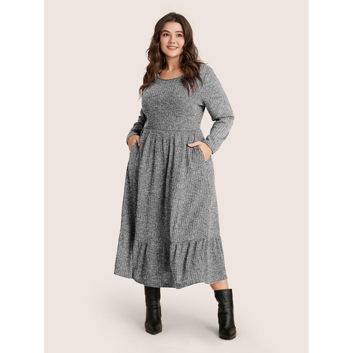 Plus Size Solid Pocket Rib Knit Ruffle Hem Dress Without Belt Mediumgray Women Basics Non Round Neck Long Sleeve Curvy Midi Dress BloomChic 10/M Product Image