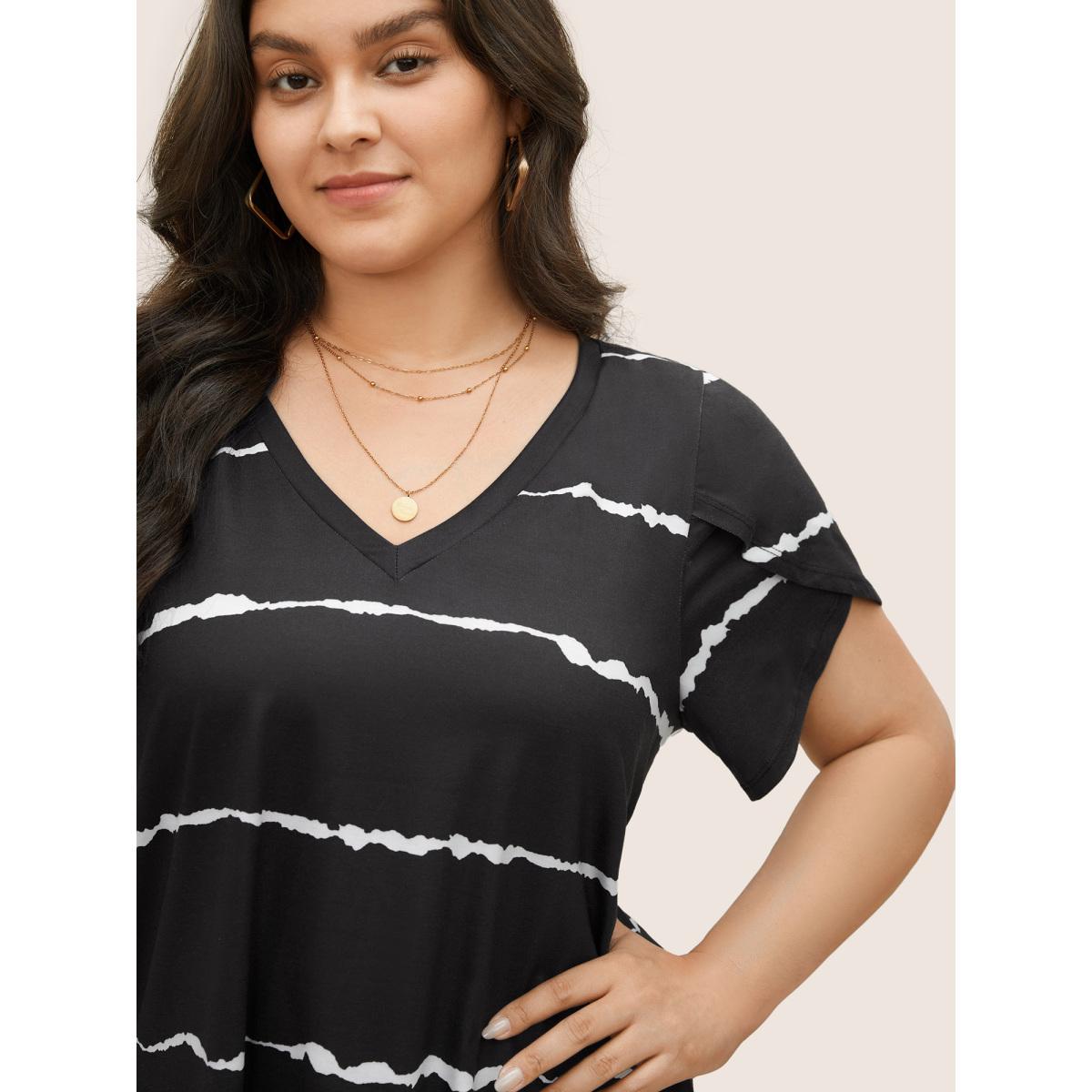 Plus Size Striped Contrast Petal Sleeve T-shirt Black Women Elegant Striped Everyday T-shirts BloomChic 22-24/3X Product Image