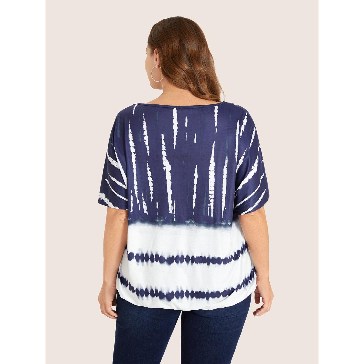 Plus Size Tie Dye Batwing Sleeve T-shirt Indigo Women Casual Tie Dye V-neck Everyday T-shirts BloomChic 30/6X Product Image