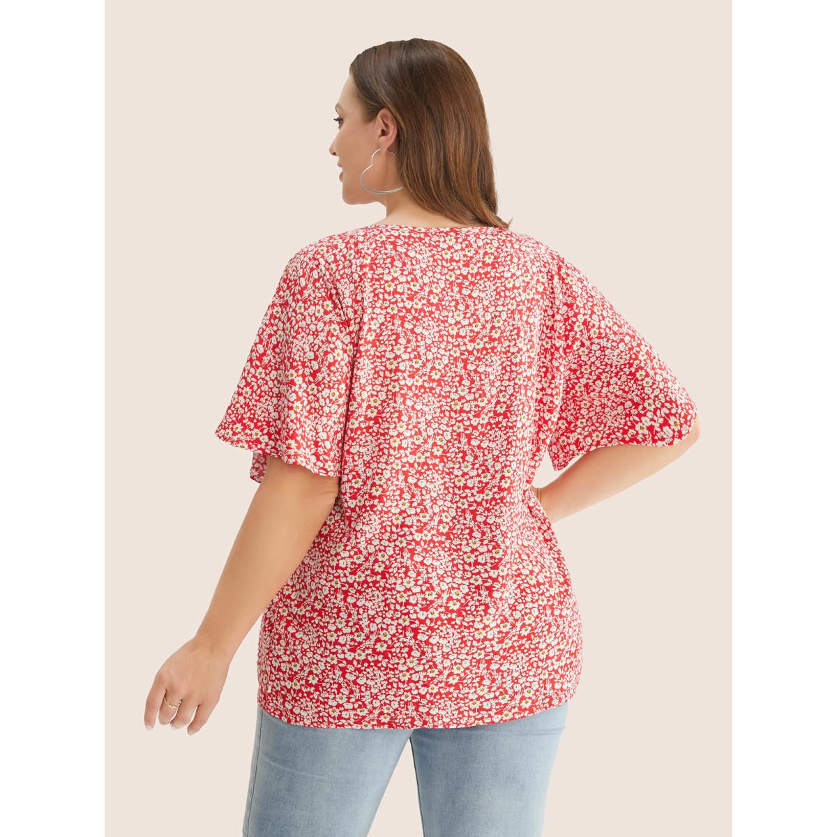 Plus Size Crimson Ditsy Floral Ruffle Sleeve Tie Neck Blouse Women Elegant Short sleeve V-neck Everyday Blouses BloomChic 10/M Product Image