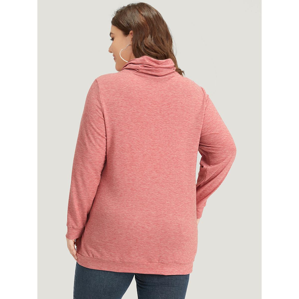 Plus Size Plain Heather Turtleneck Pocket Button Detail Sweatshirt Women Russet Casual Printed Turtleneck Dailywear Sweatshirts BloomChic 22-24/3X Product Image