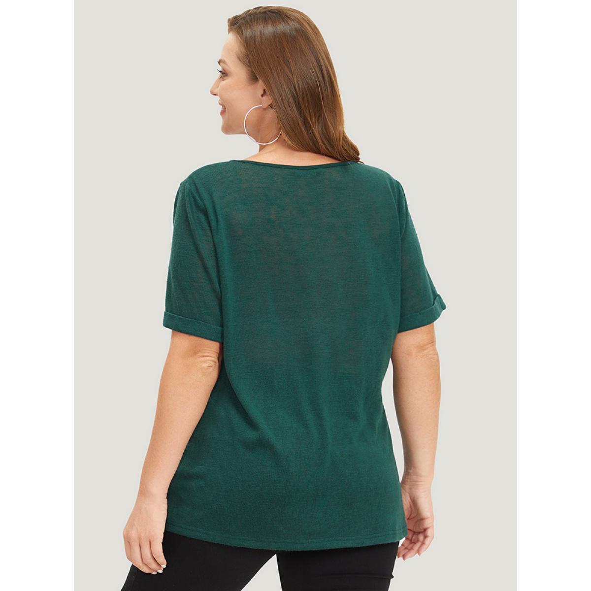 Plus Size Solid Keyhole Mesh Cuffed Sleeve T-shirt DarkGreen Women Casual See through Plain Keyhole Cut-Out Dailywear T-shirts BloomChic 26/4X Product Image