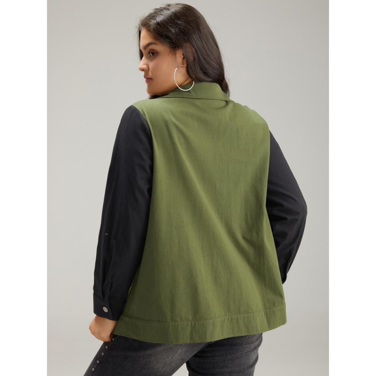 Plus Size Contrast Lapel Collar Pocket Zipper Fly Coat Women Green Casual Contrast Ladies Dailywear Winter Coats BloomChic 30/6X Product Image