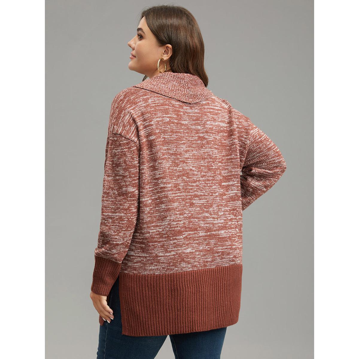 Plus Size Heather Lapel Collar Contrast Patchwork Pullover Rust Women Casual Loose Long Sleeve Lapel Collar Dailywear Pullovers BloomChic 10/M Product Image