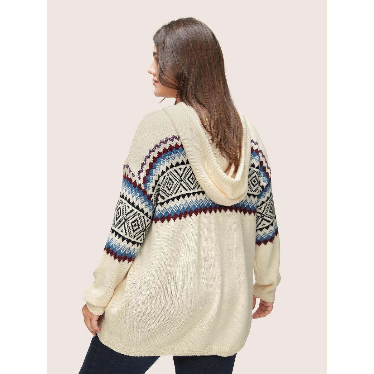 Plus Size Geometric Jacquard Drop Shoulder Drawstring Pullover Ivory Women Casual Loose Long Sleeve Hooded Everyday Pullovers BloomChic 30/6X Product Image