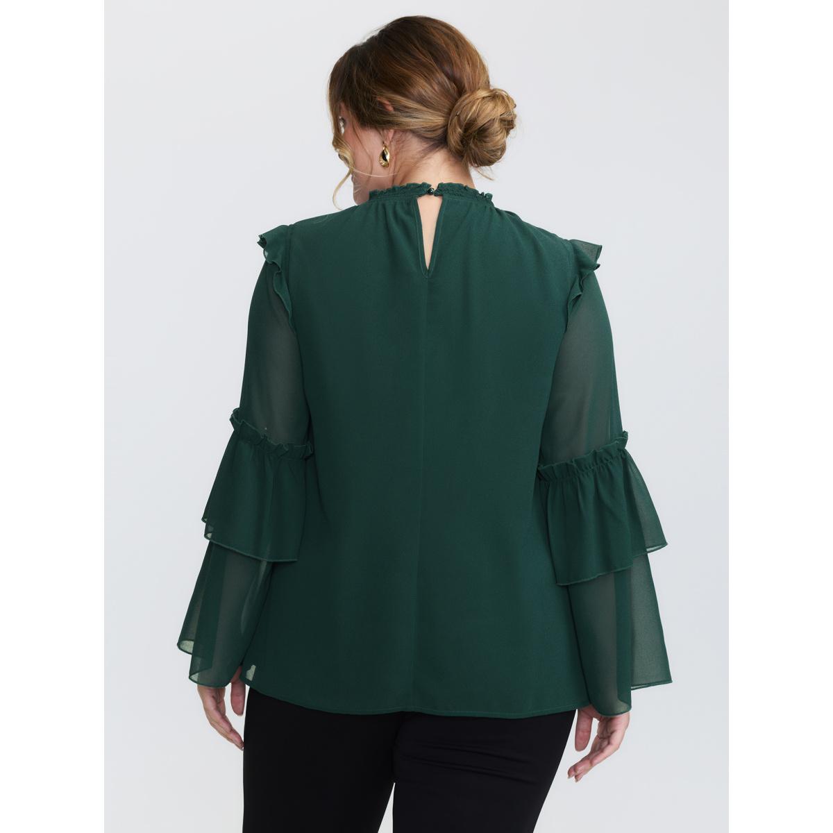 Plus Size Cyan Shirred Layered Ruffled Sheer Sleeve Blouse Women Timeless Long Sleeve Mock Neck Elegant Blouses BloomChic 26/4X Product Image