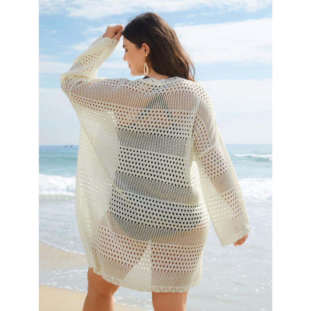 Plus Size Cut-Out Plain Round Neck Swim Cover-Up Women's Swimwear Ivory Beach Loose Cut-Out Curve Swim Cover Ups BloomChic 12/L Product Image