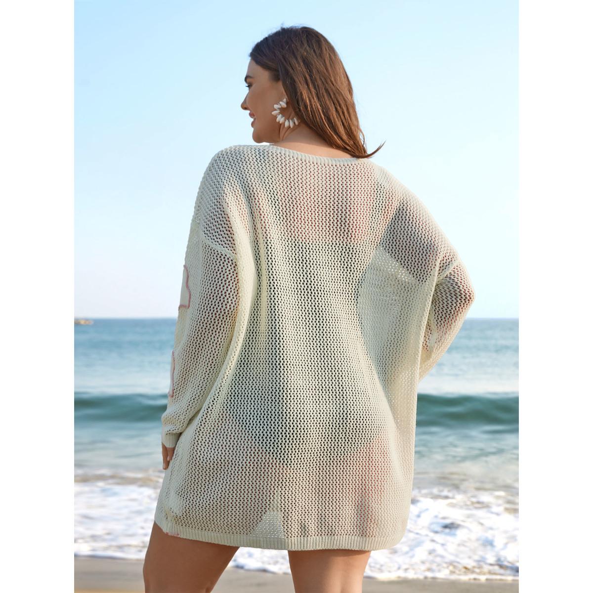 Plus Size Floral Pattern Cut-Out Round Neck Swim Cover-Up Women's Swimwear Ivory Beach Loose Curve Swim Cover Ups BloomChic 26/4X Product Image