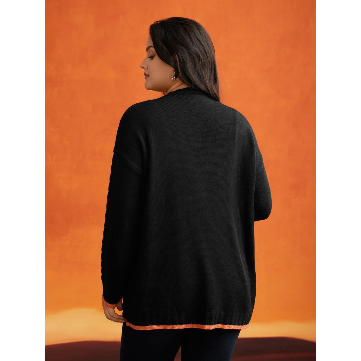 Plus Size Pumpkin Pocket Embroidered Contrasting Cardigan - For Halloween Black Women Casual Loose Long Sleeve Everyday Cardigans BloomChic 14-16/1X Product Image