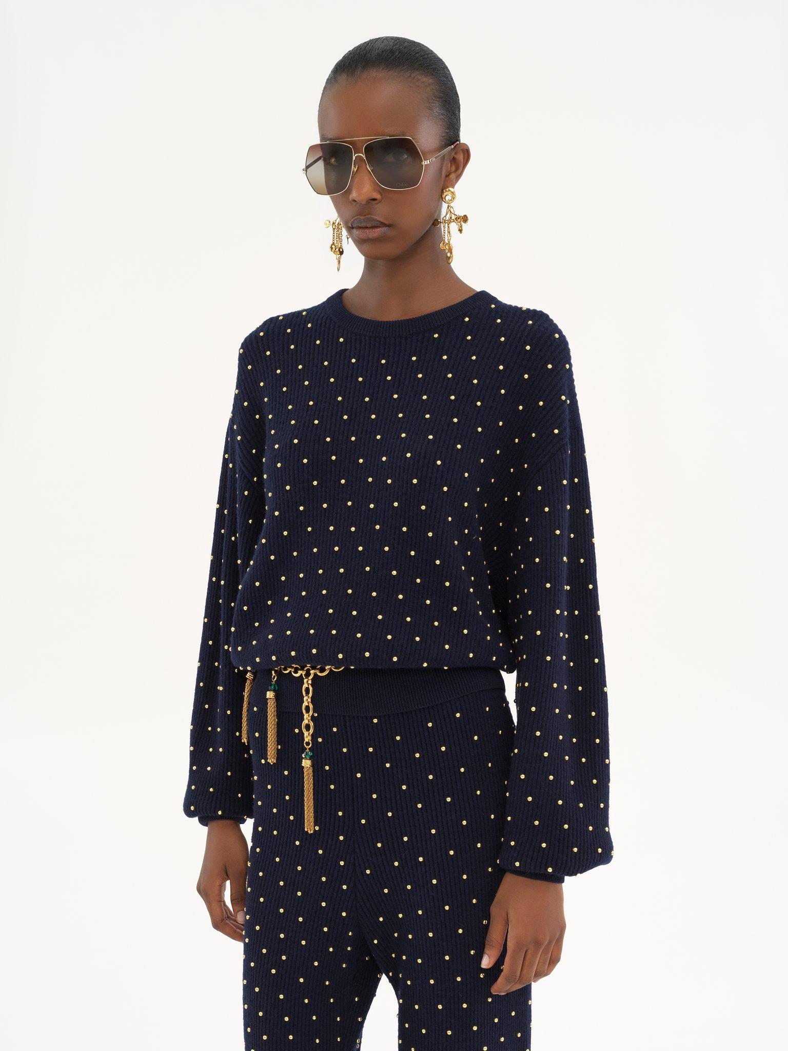 Studded crew-neck sweater in wool & cashmere knit Product Image