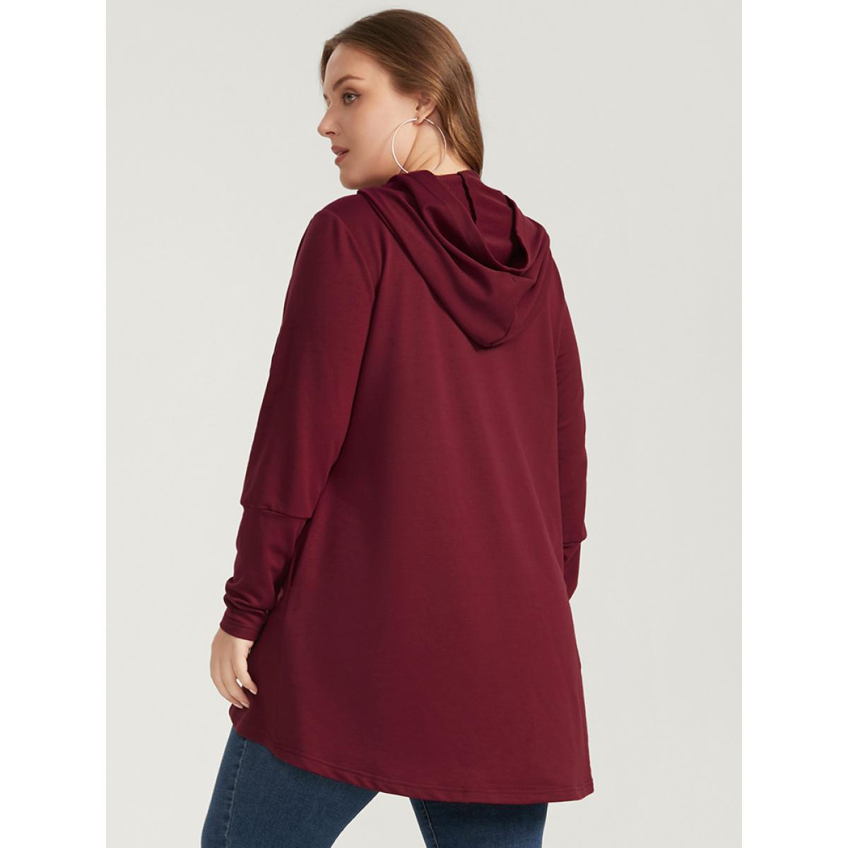 Plus Size Solid Pocket High Low Hem Hooded Sweatshirt Women Burgundy Casual Pocket Hooded Dailywear Sweatshirts BloomChic 18-20/2X Product Image