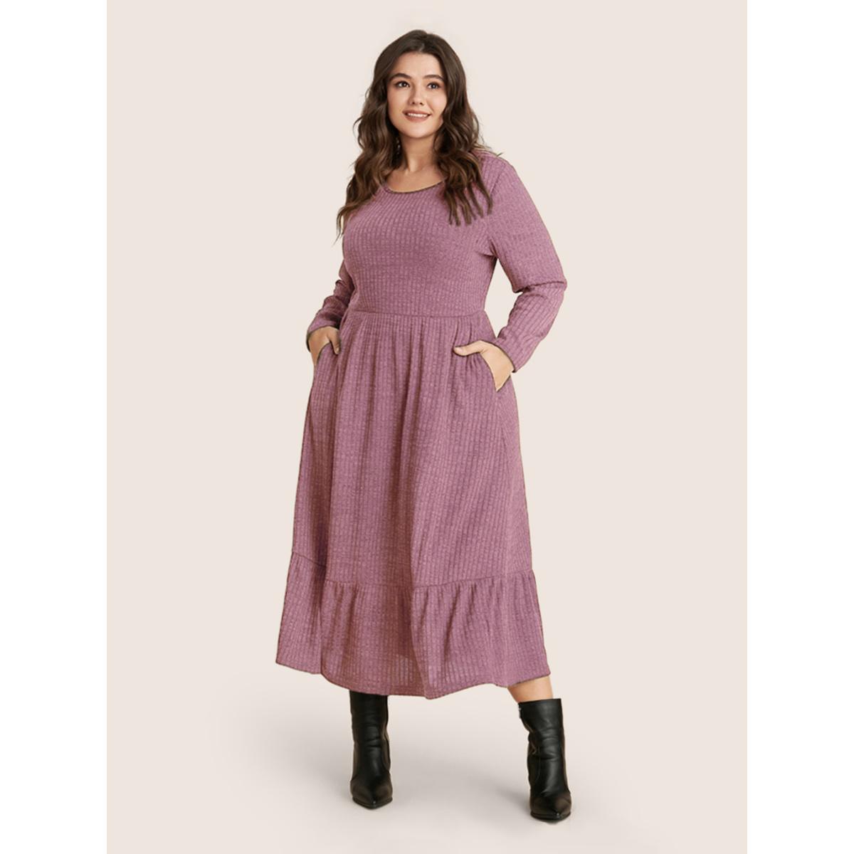 Plus Size Solid Pocket Rib Knit Ruffle Hem Dress Without Belt DustyPink Women Basics Non Round Neck Long Sleeve Curvy Midi Dress BloomChic 12/L Product Image