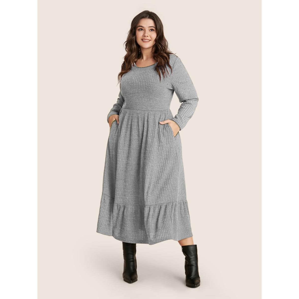 Plus Size Solid Pocket Rib Knit Ruffle Hem Dress Without Belt DarkGray Women Basics Non Round Neck Long Sleeve Curvy Midi Dress BloomChic 22-24/3X Product Image