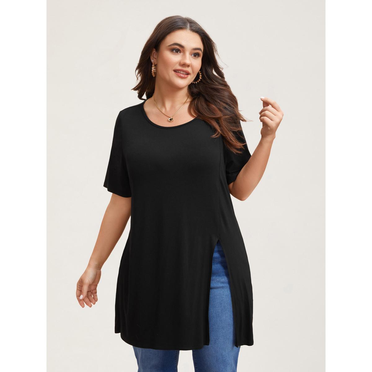 Plus Size Side-Split Plain Round Neck T-Shirt Black Women Casual Slit Non Loose Everyday T-shirts BloomChic 14-16/1X Product Image